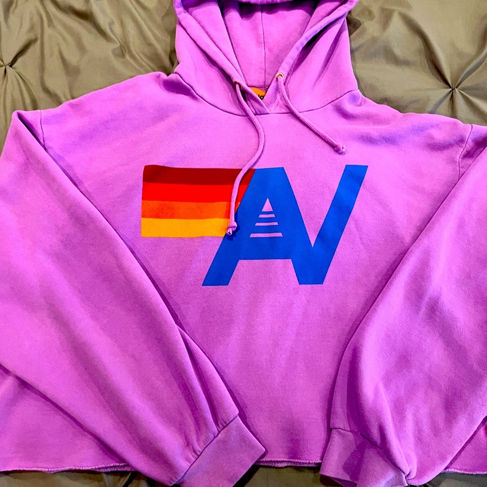 Aviator Nation Crop Purple Hoodie with Rainbow Logo